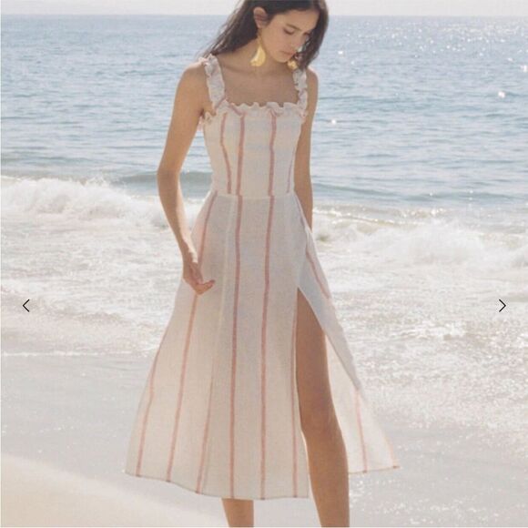 Reformation Dresses & Skirts - Reformation Lavender Midi Dress Sleeveless White Red Stripe 100% Linen Sz 6 NWT